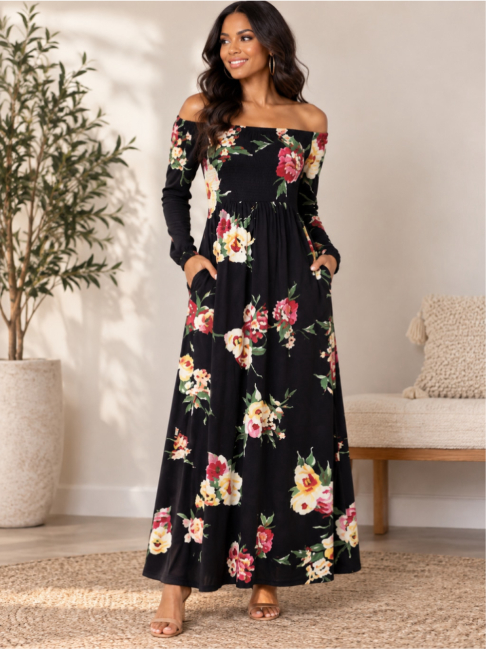Sweet Lovely by Jen Black Floral Off-Shoulder Maxi Dress with Pockets – Size S